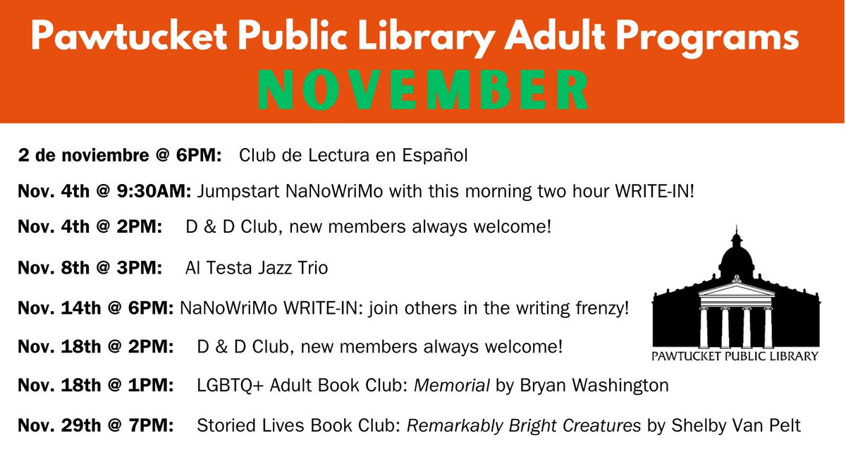 PawtucketPL's tweet image. Take a look at all of our Adult Programming offered throughout the month of November! Visit this link for more information any specific event: pawtucketlibrary.org/adult/programs… #pawtucketpubliclibrary #adultprograms