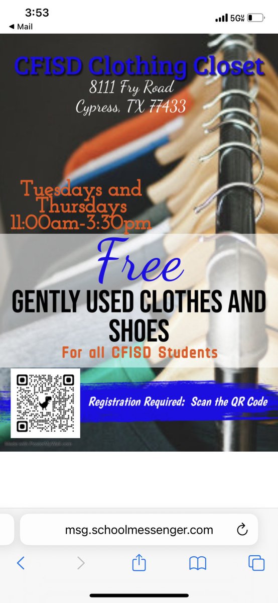Arnold_Middle's tweet photo. The Clothing Closet has officially opened. Please remember that families are required to register. The registration process is simple. Scan the QR code &amp; complete the short Google form (available in English &amp; Spanish).  The Clothing Closet also accepts donations. #CFISDspirit https://t.co/q6uGlSsJWk