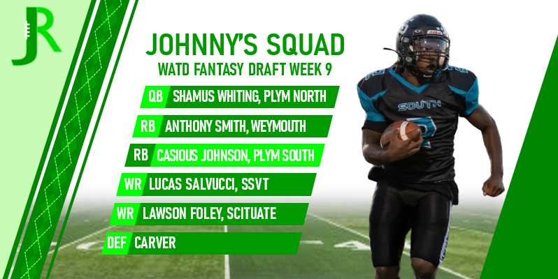 Week 8 WATD Fantasy Draft: Johnny's Squad

QB - Shamus Whiting, Ply North
RB - Anthony Smith, Weymouth
RB - Casious Johnson, Ply South
WR - Lucas Salvucci, SSVT
WR - Lawson Foley, Scituate
DEF - Carver

📺: bit.ly/45V55i6

<a href="/ShamusW4/">Shamus W</a> <a href="/Tonefrom508/">Anthony smith</a> <a href="/cashisholy/">Casious Johnson</a> <a href="/lawson_foley/">𝓵𝓪𝔀𝓼𝓸𝓷 𝓯𝓸𝓵𝓮𝔂✞</a>
