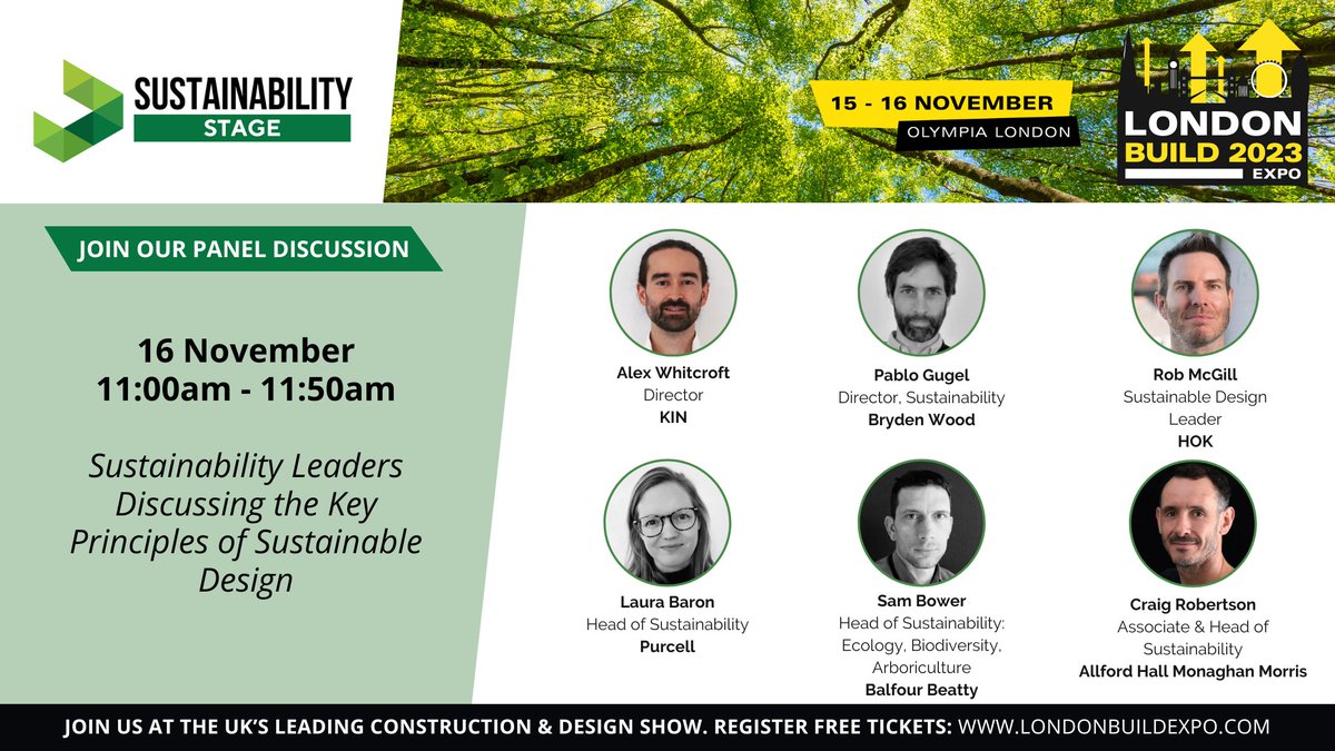 Alex Whitcroft (@alexwhitcroft) on Twitter photo Delighted to be moderating this amazing panel on delivering radical change in #construction to tackle #sustainability at #LondonBuild w/ the wonderful <a href="/Laura_Bar0n/">Laura Baron</a>, Pablo Gugel, Rob McGill, Sam Bower & Craig Robertson.
16th Nov, 11-11:50, Olympia London:
londonbuildexpo.com/speaker-invite Delighted to be moderating this amazing panel on delivering radical change in #construction to tackle #sustainability at #LondonBuild w/ the wonderful <a href="/Laura_Bar0n/">Laura Baron</a>, Pablo Gugel, Rob McGill, Sam Bower & Craig Robertson.
16th Nov, 11-11:50, Olympia London:
londonbuildexpo.com/speaker-invite