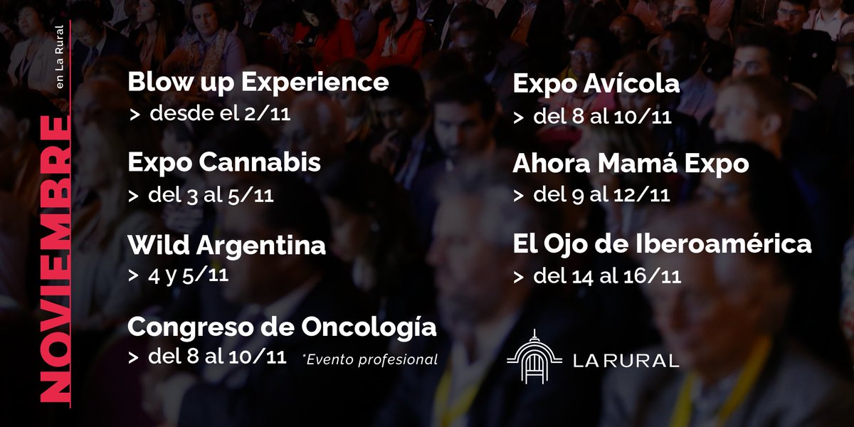 LaRural_BsAs's tweet photo. NOVIEMBRE en #LaRural. Comienza el mes y nos vamos preparando para todos los eventos que se vienen. Conocé nuestra agenda en: https://t.co/SVmMTModYM
Lo que pasa, #pasaenLaRural #PredioFerial #BuenosAires https://t.co/t9dhxnt1Es