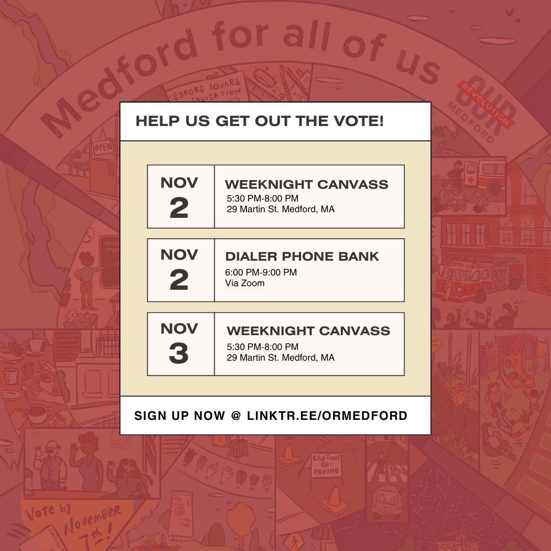 AnnaCallahan4MA's tweet photo. Help get out the vote for progressive candidates in Medford!  Join us for canvassing or phone banking tomorrow or Friday.  https://t.co/52O2RsNhzA https://t.co/eM3dtHQS4f