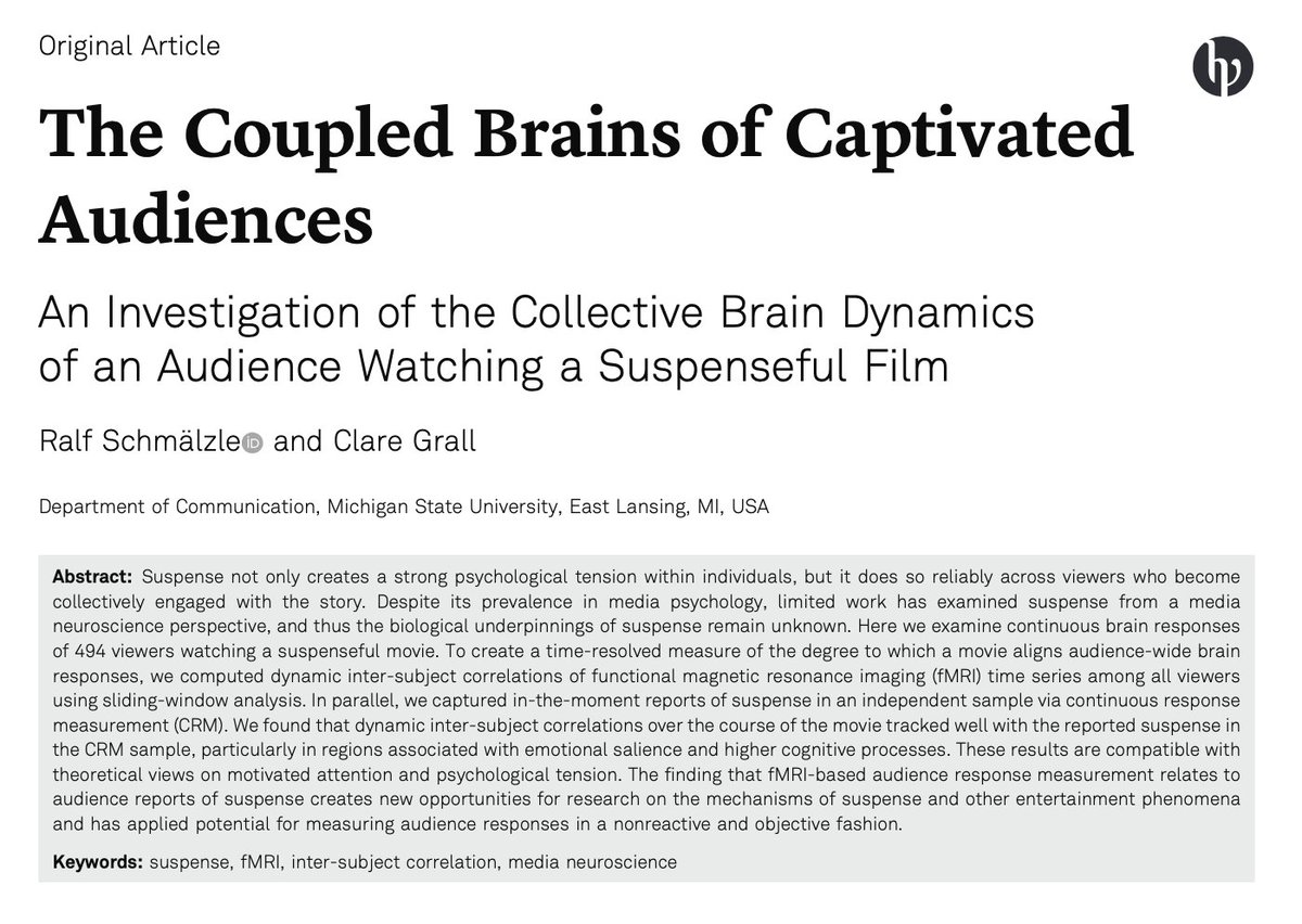 JMP_Hogrefe's tweet photo. Do you know what happens to your brain when you watch Halloween movies together? Ralf Schmälzle & @claregrall used a media neuroscience perspective to examine continuous brain responses of viewers watching a suspenseful movie. Find out more! https://t.co/O4Mapp9bDm #JMPOpenAccess https://t.co/yXPrFOxX3I