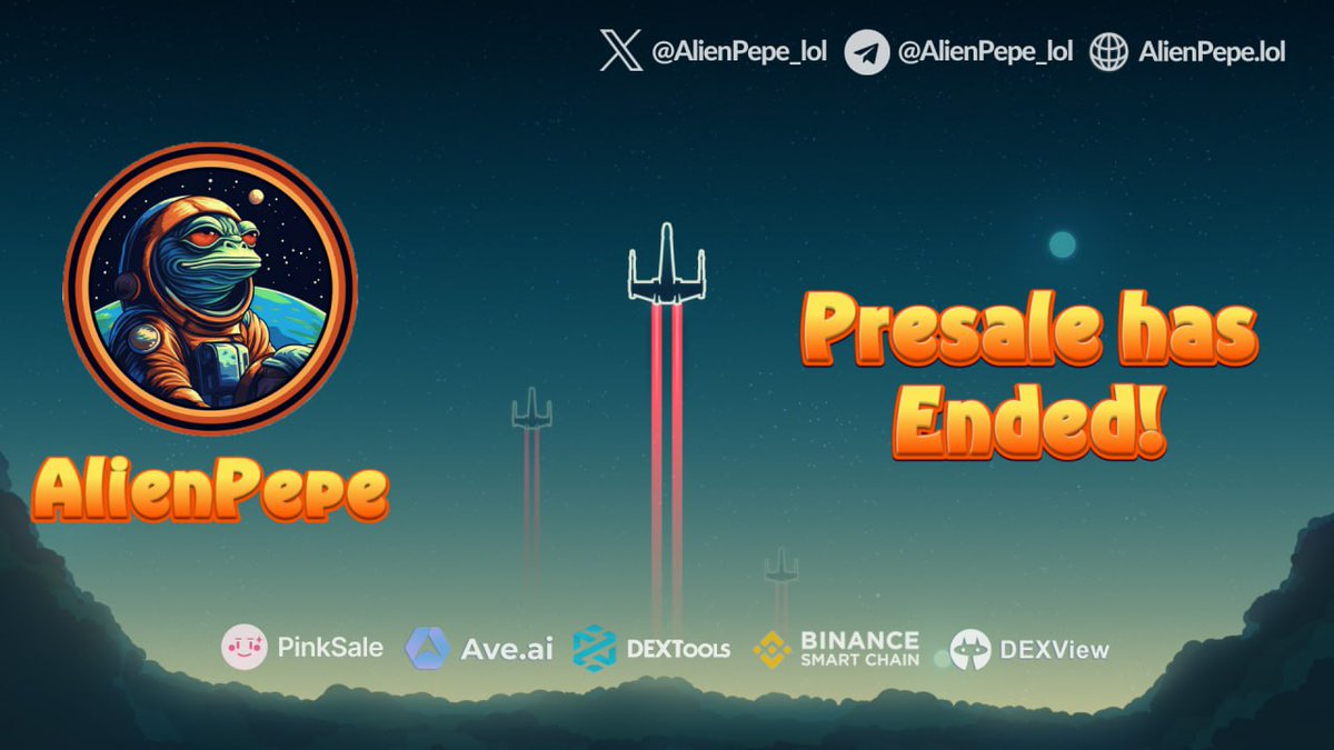 AlienPepe_lol's tweet photo. AlienPepe Presale has ended !

What's coming concerning your AlienPepe tokens ?
the claim of your tokens will be available in a few minutes, to claim your tokens : Visit the pinksale page and click on CLAIM
Pinksale Page -> https://t.co/eEuC5nphxH

#trend #BNB #pinksale #presale https://t.co/wJXDPaiOFP