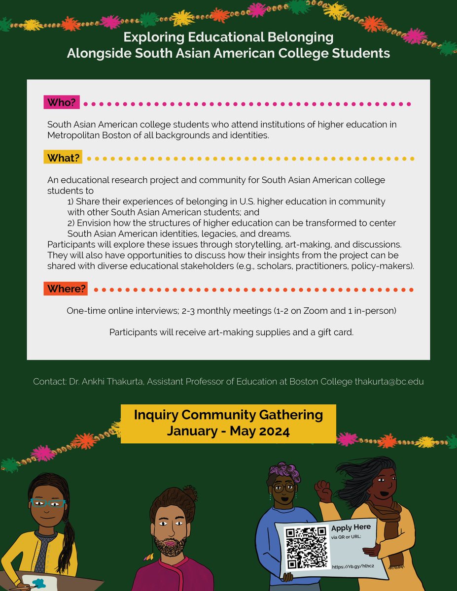 If you're a Greater Boston-area South Asian American college student, consider joining our study exploring educational belonging! Inquiry community will run in Spring 2024 with virtual &amp; in-person options. Let's dream together! Art by @AliRBlake; URL: rb.gy/hlhc2