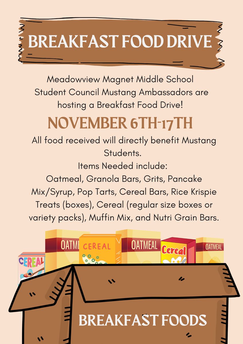 ATTENTION MUSTANGS 📢‼️

Student Council Mustang Ambassadors will be hosting a Breakfast Food Drive beginning Monday, November 6th! 

All breakfast items donated will directly benefit our Mustang students. Please see the below flyer with requested items. 

#IAGDTBAM