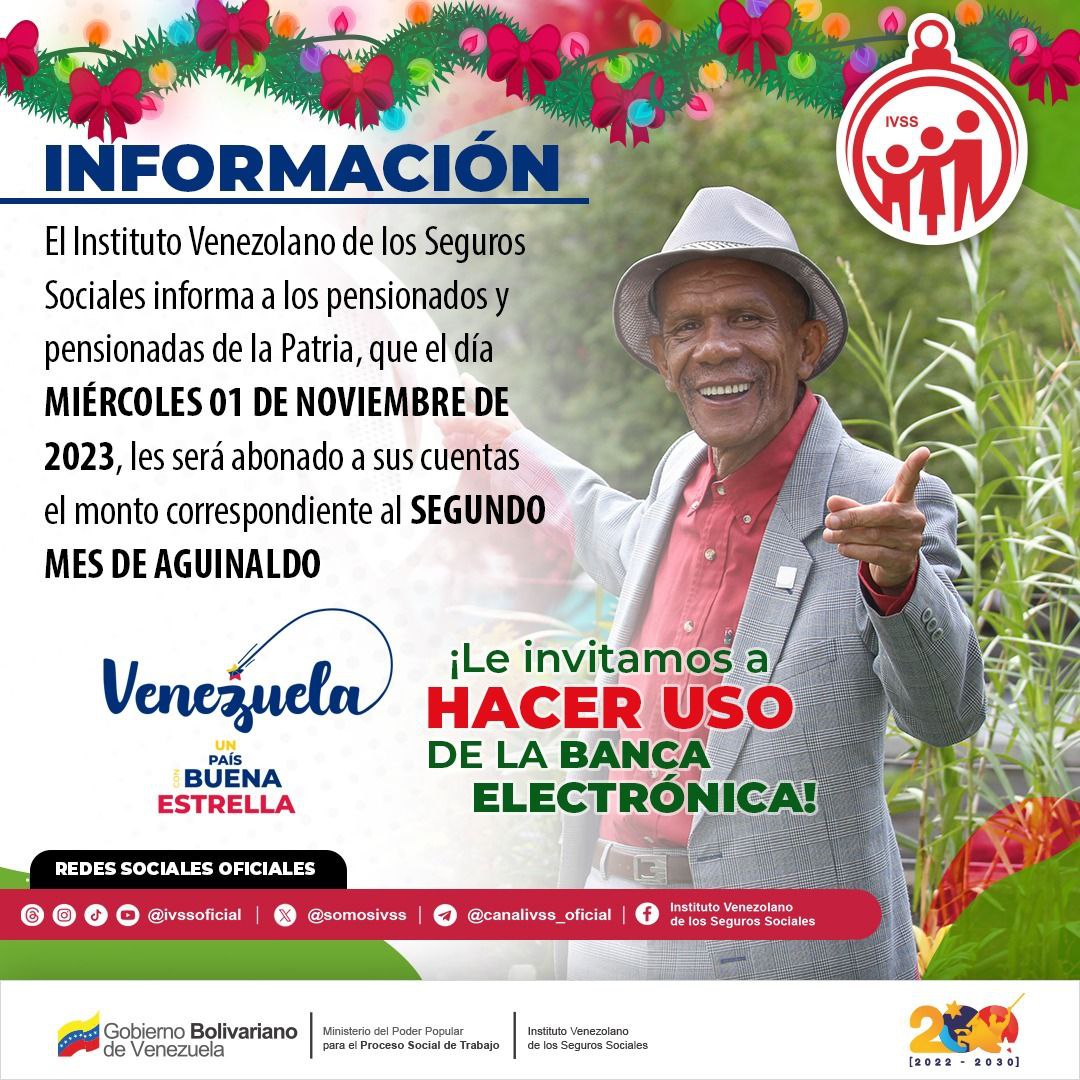 #ATENCIÓN

El #IVSS informa a los pensionados y pensionadas de la patria que el día de #hoy les será abonado a sus cuentas el monto correspondiente al segundo mes de aguinaldo
