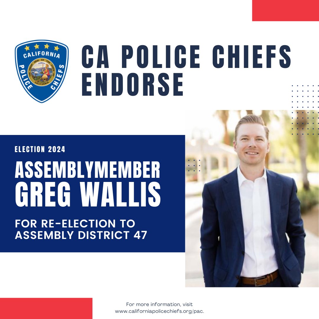 California Police Chiefs Association (@capolicechiefs) on Twitter photo CPCA is proud to announce our endorsement of <a href="/AsmWallis/">Assemblymember Greg Wallis</a> re-election to Assembly District 47. A champion in the fight against fentanyl and other illicit drugs, we need more representatives that share his commitment to protecting our kids and communities. CPCA is proud to announce our endorsement of <a href="/AsmWallis/">Assemblymember Greg Wallis</a> re-election to Assembly District 47. A champion in the fight against fentanyl and other illicit drugs, we need more representatives that share his commitment to protecting our kids and communities.