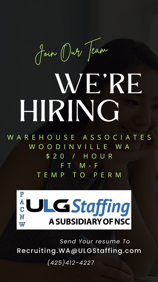 #CareerOpportunities
Woodinville, WA
#distribution #warehouse #orderpicking #forklift
425.412.4227

@UlgCompanies
@RecruiterHope
@HiringLeisa