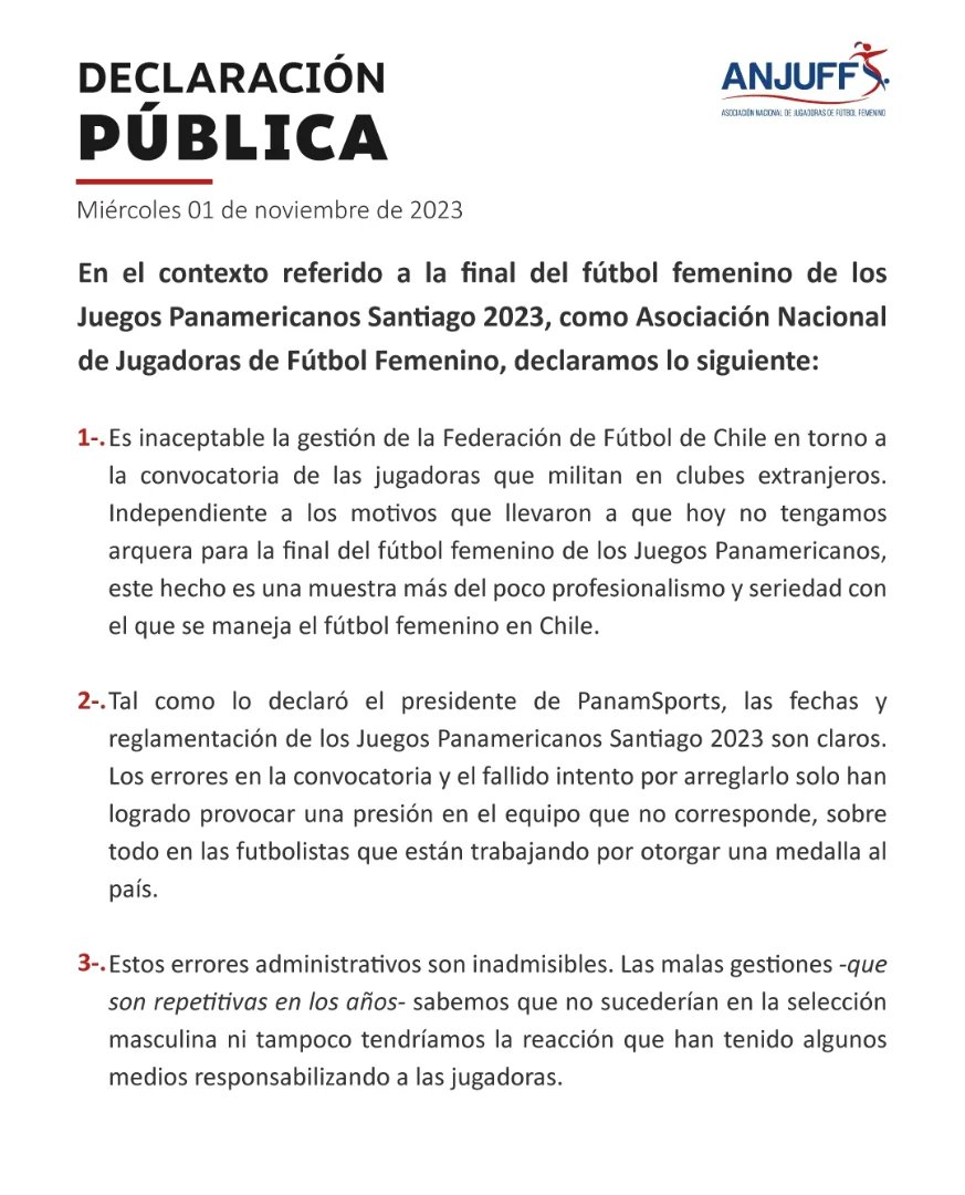 ANJUFChile's tweet image. [DECLARACIÓN PÚBLICA] 📣
En el contexto referido a la final del fútbol femenino de los Juegos Panamericanos Santiago 2023, como Asociación Nacional de Jugadoras de Fútbol Femenino, declaramos 👉

#Nosotrasjugamos