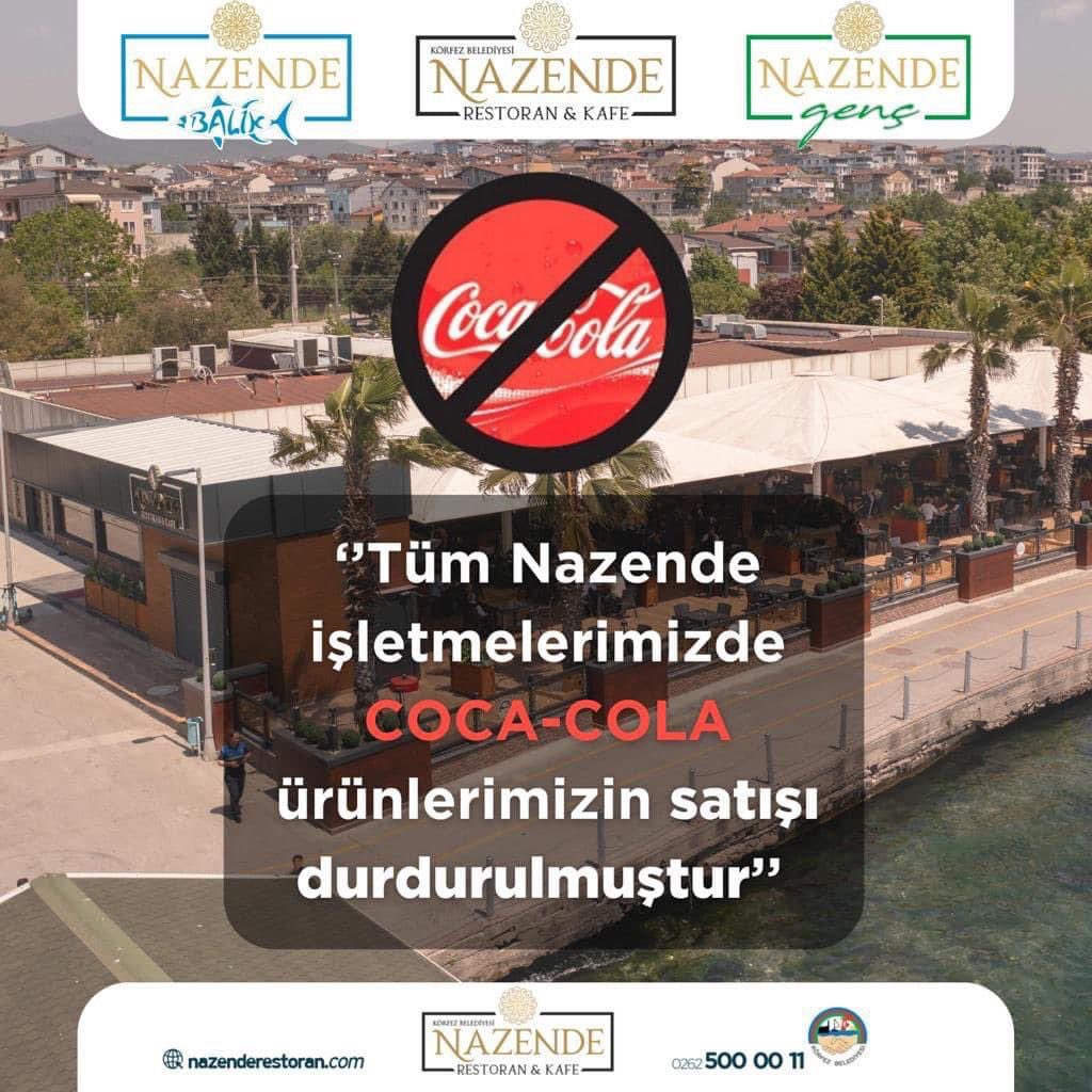 #Kocaeli Körfez Belediyesi, tüm Nazende sosyal tesislerinde “Coca Cola” ürünlerinin alış ve satışını durdurduklarını açıkladı. 🇵🇸