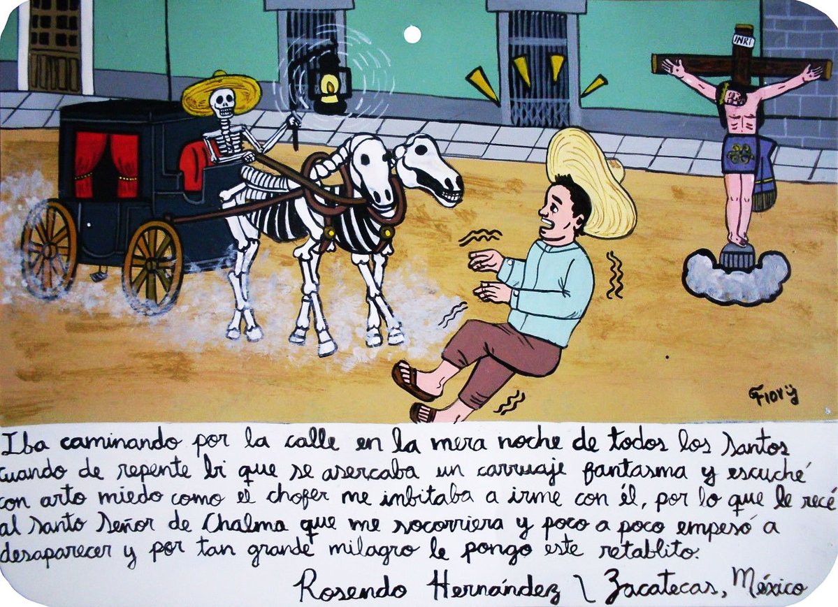 folk_horror's tweet photo. "On #AllSaints’ night I saw a ghost carriage. To my great fear, the driver invited me to take a ride with him. I prayed to the Holy Lord of Chalma to help me, & the ghost disappeared. I bring this retablo for such a great miracle."
🎨Rosendo Hernandez, Mexico #32DaysofHalloween https://t.co/Y6yd7riu9X