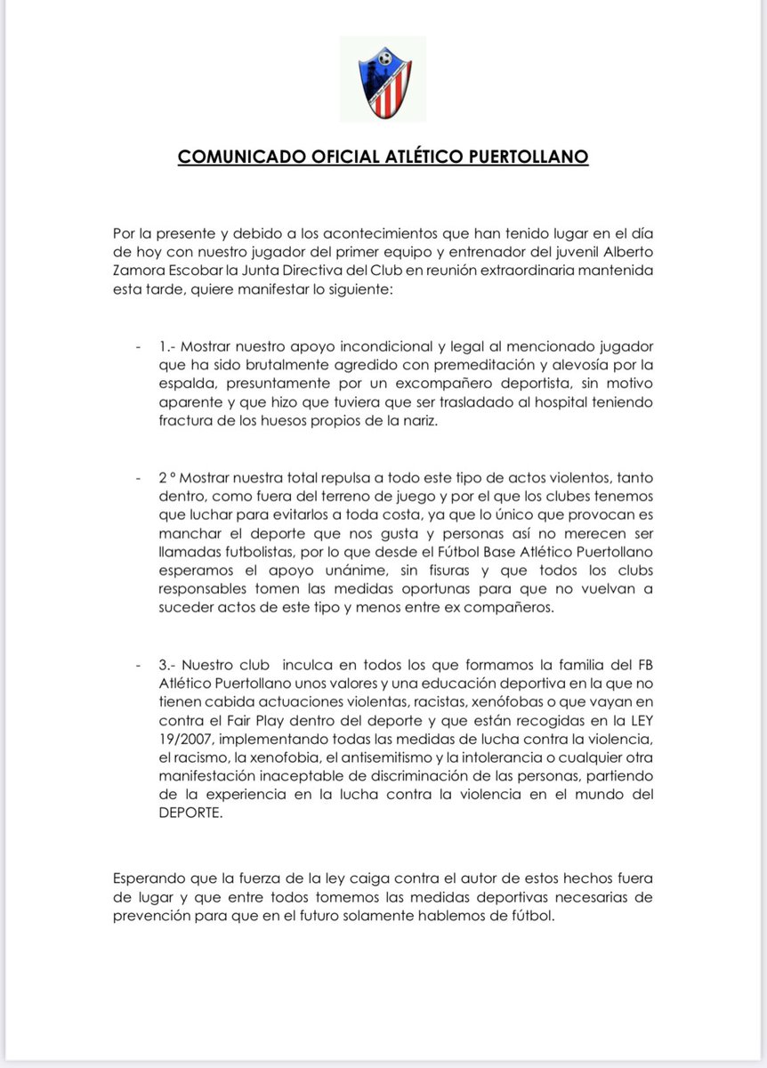 COMUNICADO OFICIAL 

BRUTAL AGRESION A NUESTRO JUGADOR Y ENTRENADOR 
ALBERTO ZAMORA ESCOBAR