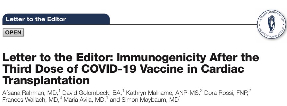Check out our latest publication on covid vaccination in heart transplant patients in <a href="/TransplantJrnl/">Transplantation</a>! 

#transplant #hearttransplant #covid 

Article here: tinyurl.com/5n94ab9p