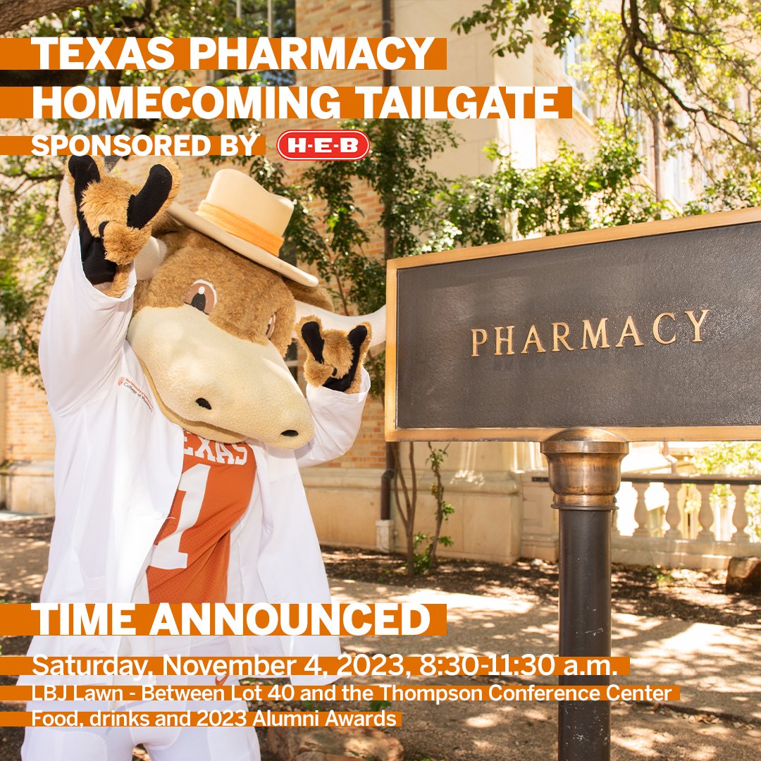 A final reminder to come one, come all to Texas Pharmacy Alumni Association’s Homecoming Tailgate, sponsored by @heb! Kickoff is at 11 AM, so the tailgate starts bright at early at 8:30 AM with food, drinks, cornhole, alumni awards and merch to purchase! cvent.utexas.edu/event/a3fe43f4…