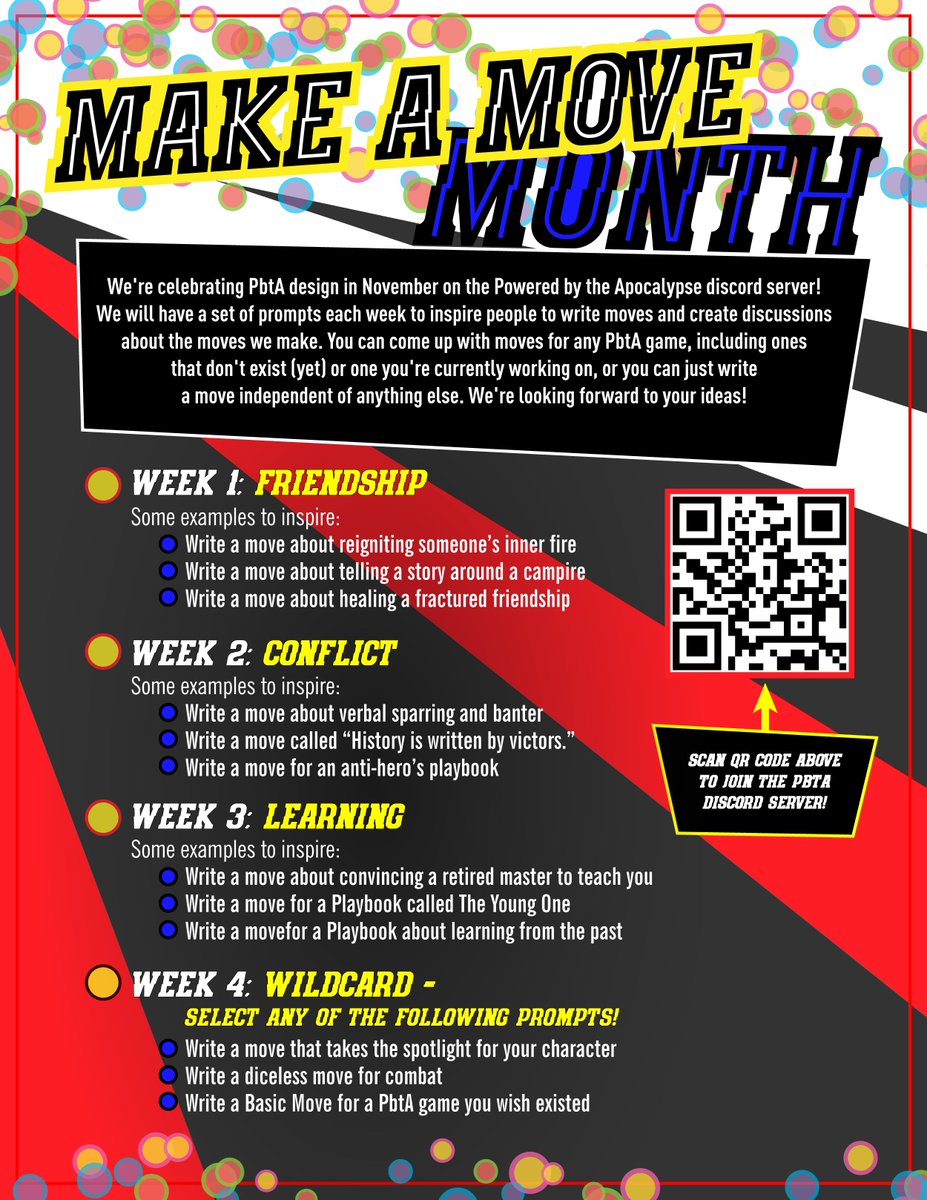 Make a Move Month has begun on the PbtA server!! If you're interested in joining, here's our handy flyer!! Thanks to <a href="/N3ON_SH1FT/">Specialist Samwise 🏳️‍⚧️</a>  for making it!