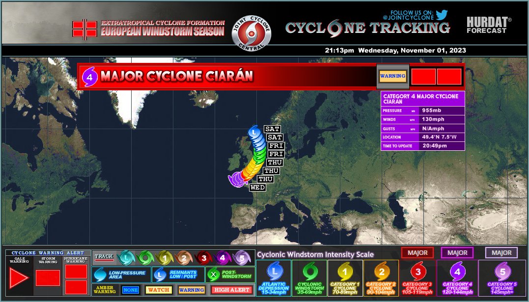 #CycloneCiaran Advisory 19
Max Winds: 130mph
CWSIS: C4
MSLP: 955mb
#Ciarán strengthens to Category 4 major cyclone. Extreme winds are likely to bring dangerous conditions over the parts of West Brittany and the Channel Islands overnight and Thursday morning...