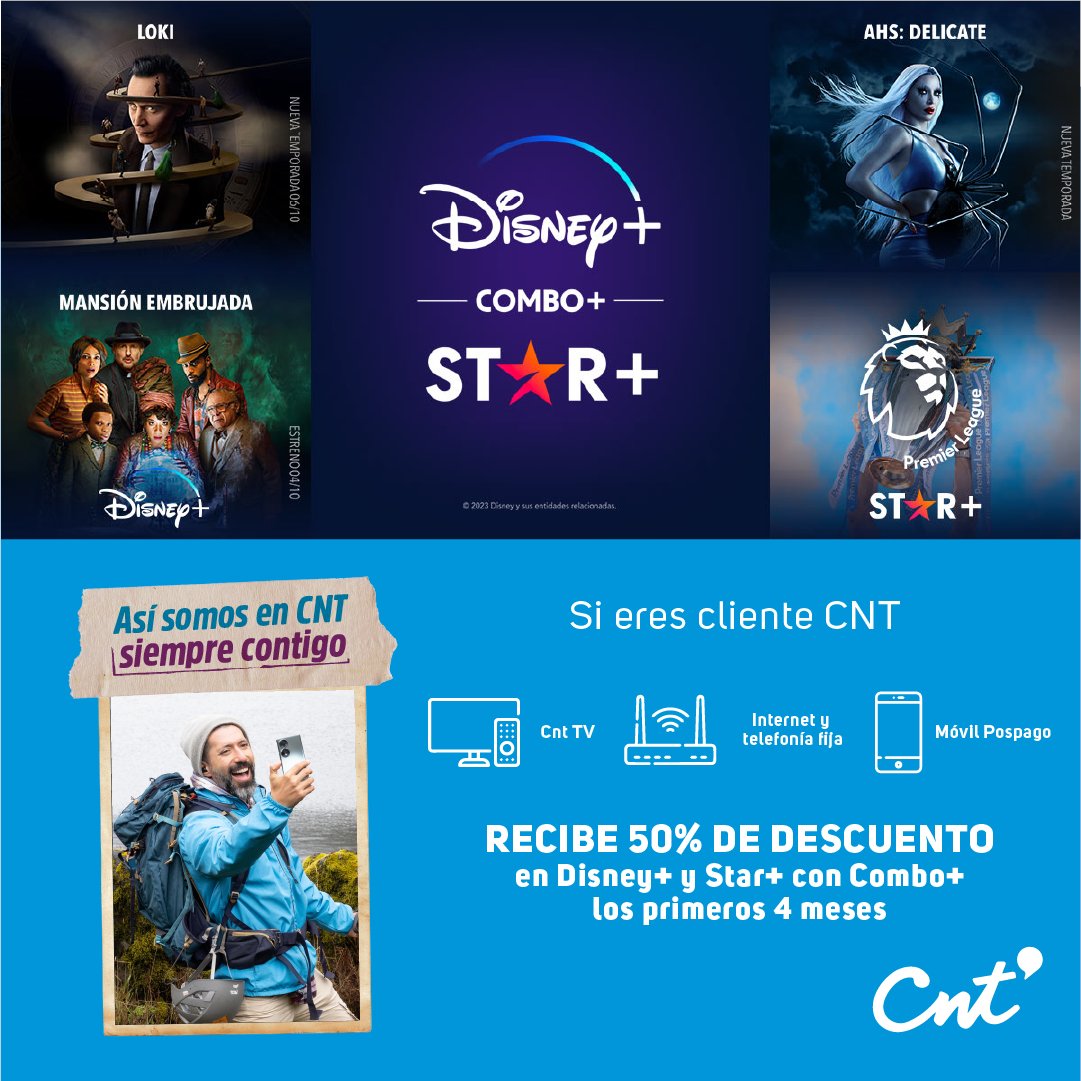 Accede a Disney+ y Star+ a un precio único con CNT! 🍿 👉🏻 Si eres cliente CNT recibe 50% de descuento en Combo+ ¿Qué esperas? Llama ya al 1800 100 100 opc. 3 o *611 opc. 8 📱📞 ¡Así somos los ecuatorianos, así somos en #CNT! 💙