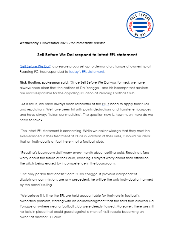 SellBeforeWeDai's tweet photo. A statement about another @EFL statement. 🤦‍♂️ #readingfc #SellBeforeWeDai https://t.co/MCvh10c3xs