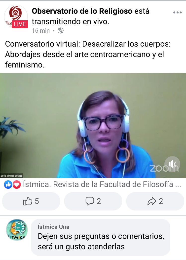ObservatReligio's tweet photo. Se está transmitiendo el conversatorio: Desacralizar los cuerpos: abordajes desde el arte centroamericano y el feminismo.

Pueden verlo en:
https://t.co/iw36ej6RNk https://t.co/ReknvfNEE8