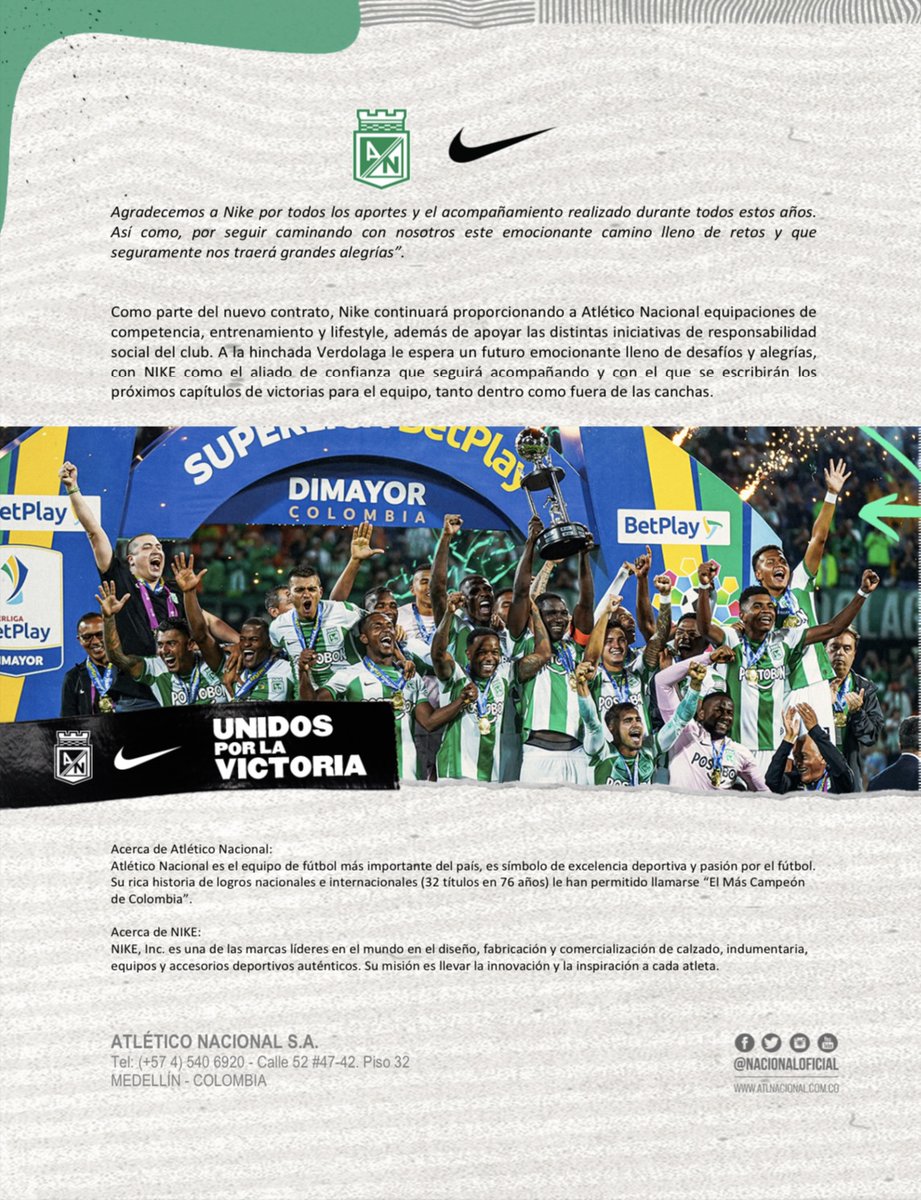 nacionaloficial's tweet photo. El equipo más grande de Colombia y la marca de ropa deportiva N° 1 del mundo, renuevan su alianza por tres años más 🤝✍️✔️🟢⚪️

#VamosNacional 🇳🇬 https://t.co/CwaAtjtHHL