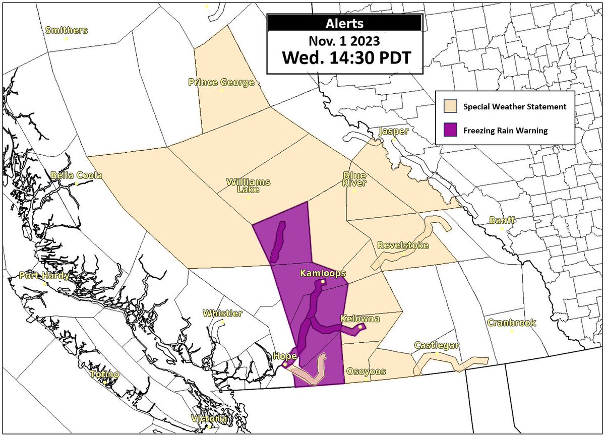 Here’s an updated look at the alerts for freezing rain & snow beginning tonight (Nov 1) into the Thurs morning (Nov 2) commute. Prepare for potentially challenging driving conditions. ow.ly/Nni150Q3gIa ow.ly/vzCA50Q3gIb #BCStorm #BCHwy5 #BCHwy3 #BCHwy97 @DriveBC