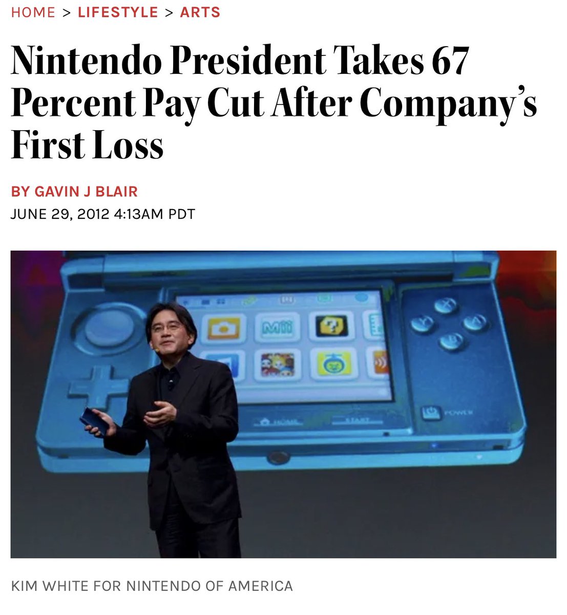 thedestinyshow's tweet photo. In 2012, Nintendo CEO Satoru Iwata publicly took a 67% pay cut after Nintendo lost $533 Million ending in the fiscal year following weak sales performance of Wii &amp; 3DS. 

That’s called leadership. https://t.co/rbpwNcRRV1