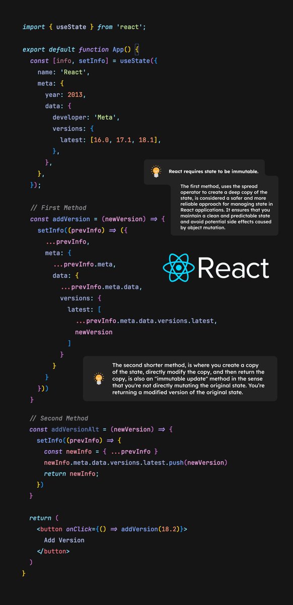 icarusgkx's tweet image. Mutating deep reactive state in React, Vue and Svelte. ⬇️

React follows the immutable approach, Svelte is a hybrid, and Vue takes the more intuitive mutable route.

Which style do you prefer? 🧐
