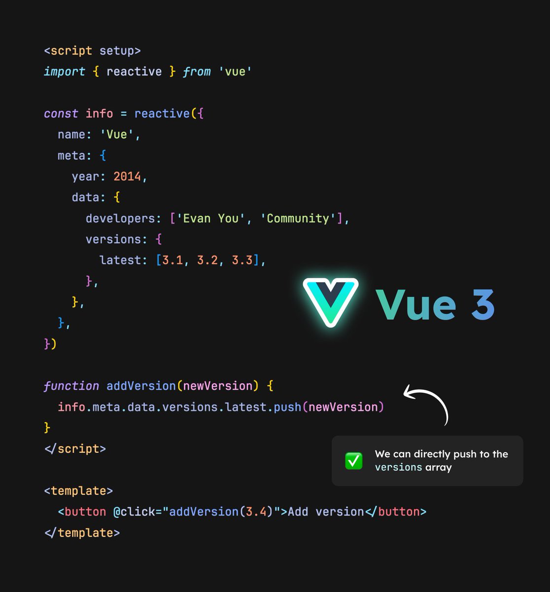 icarusgkx's tweet image. Mutating deep reactive state in React, Vue and Svelte. ⬇️

React follows the immutable approach, Svelte is a hybrid, and Vue takes the more intuitive mutable route.

Which style do you prefer? 🧐