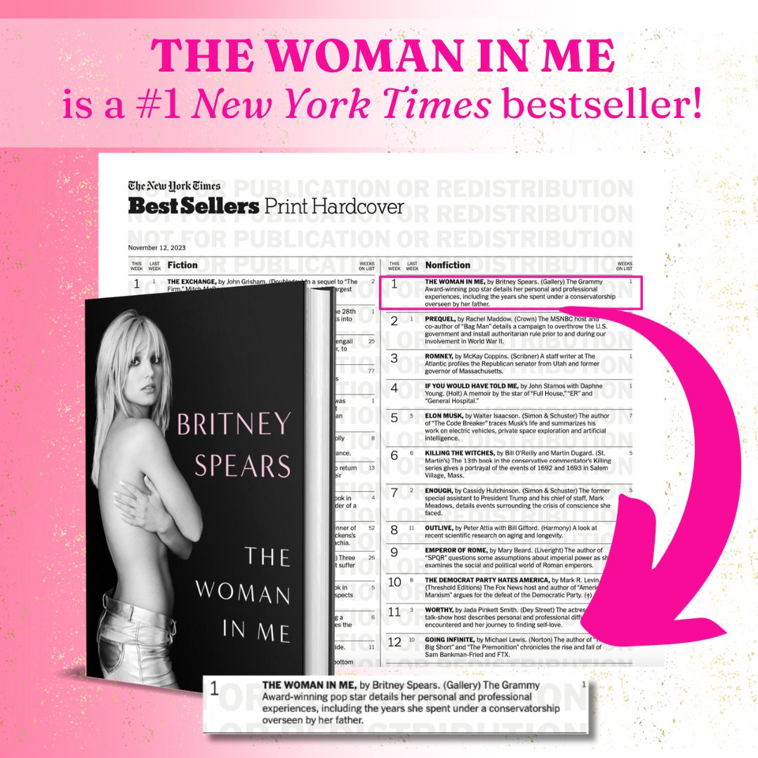 Thank you to all the fans who made #TheWomanInMe a #1 @nytimes bestseller 🤯 … it means the world to me !!! Love you all 💋💋💋 !!! If you haven’t … you can get your copy at BritneyBook.com 📖 @simonschuster @GalleryBooks