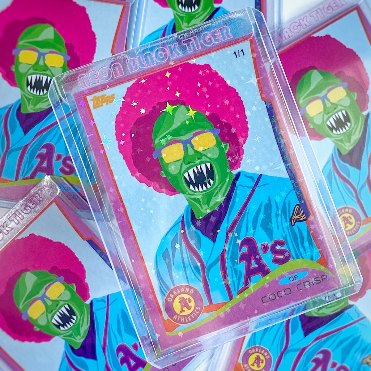 NeonBlackTiger's tweet photo. Since today is #CocoCrisp's birthday, it seemed fitting to drop my #NeonTerror of his iconic 2014 #Topps card. Each card is signed/numbered /5. This 1/1 all-star refractor will be blindly inserted into one lucky envelope. DM to order. $15 each. Thank you! https://t.co/lXZ0Ej7Stv