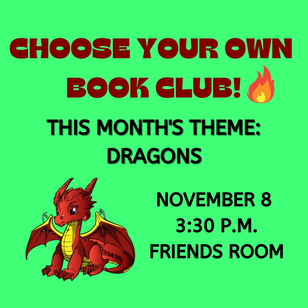 Join us Wednesday, November 8 at 3:30 p.m. in the Friends Room for the Choose Your Own Book Club! Kids ages 7-12 will read a book of their choice based on a theme or genre. This month’s theme is dragons! 🐉

For more info, call 626-307-1358 or visit: montereypark.ca.gov/283/Childrens-…