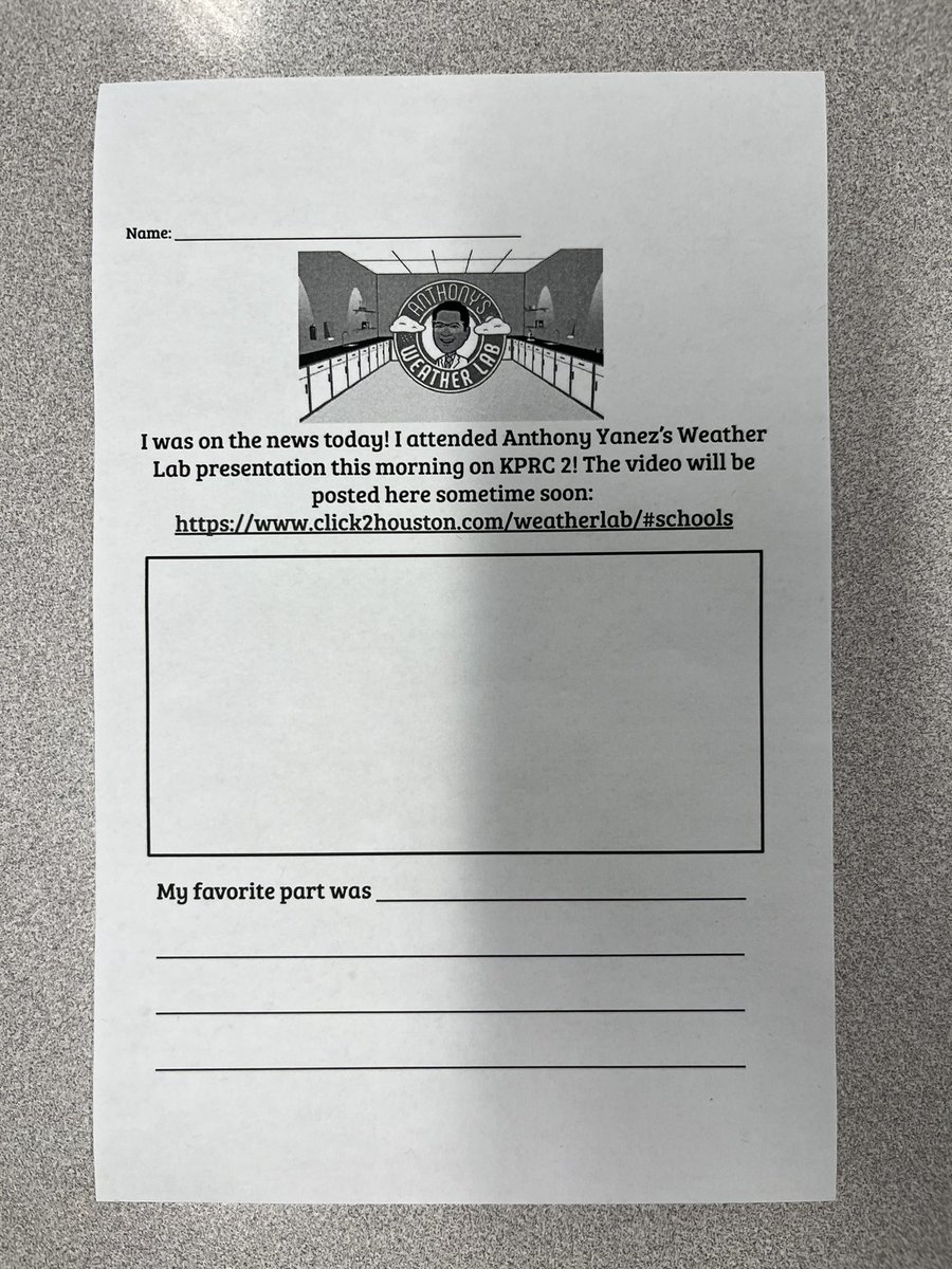 Such a cool experience to be a part of <a href="/KPRC2Anthony/">Anthony Yanez</a>'s Weather Lab this morning! We loved having him and the kids enjoyed their fame! I even turned the experience into our journal prompt for the day! #secondgradescience <a href="/KPRC2/">KPRC 2 Houston</a>