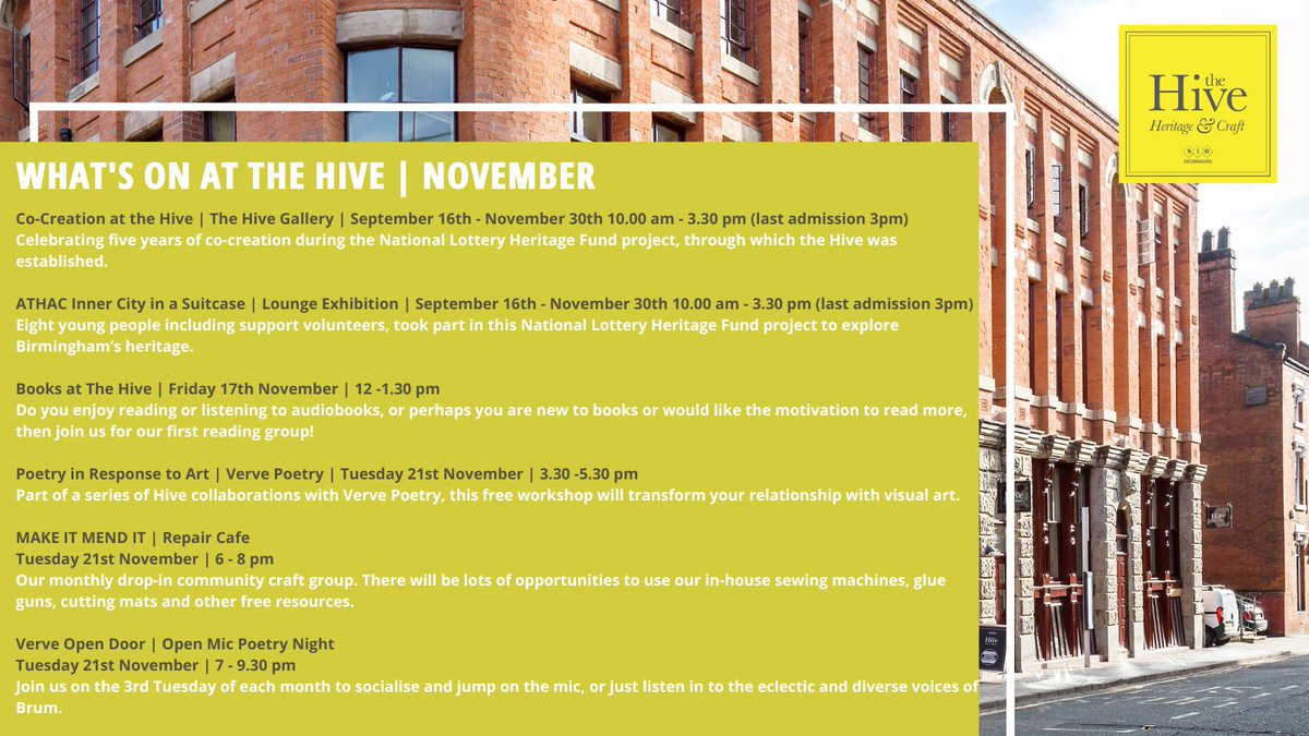 📢 What's on at The Hive in November. We are open along with @hivebham Tuesday to Friday 7.30am - 3.30pm. When exhibitions are installed our gallery space is open 10am - 3.30pm Tuesday - Friday, last admission 3pm. For any more details please get in touch!