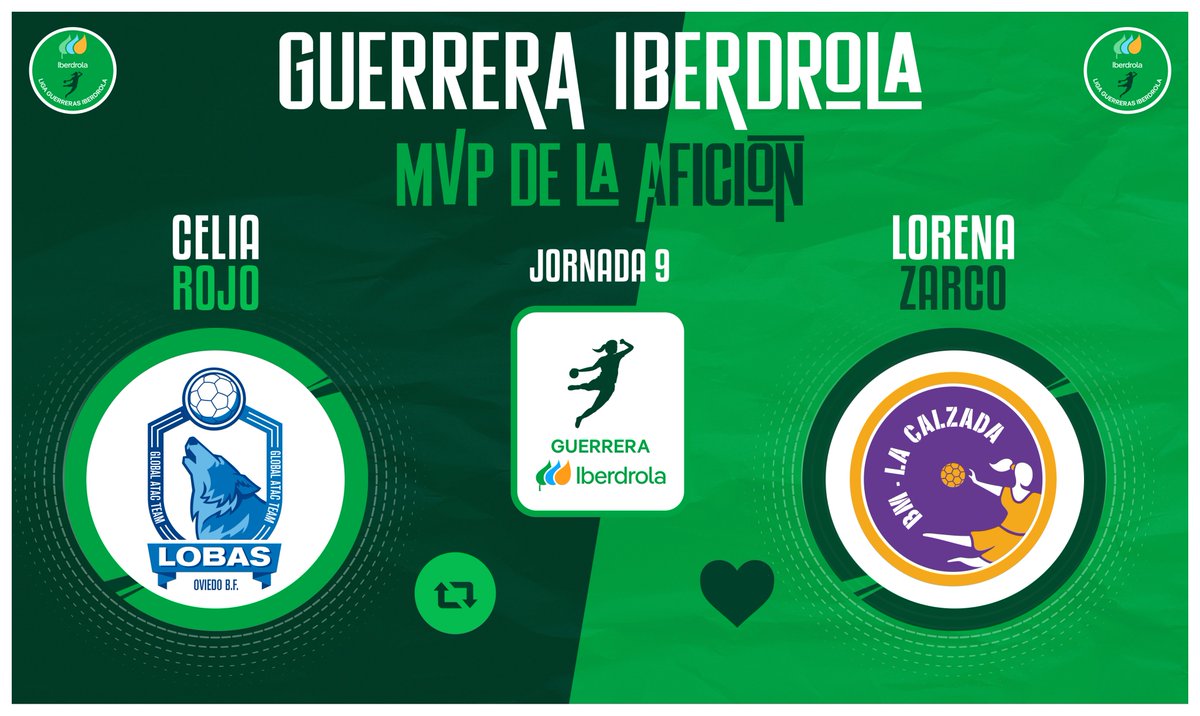 ⭐️#GuerreraIberdrola - Jornada 9

🆚 @OviedoBF : <a href="/CBLaCalzada/">Club Balonmano MotiveMarket.com La Calzada</a> 

♻️ RT:  <a href="/CeliaFireflay/">Celia Rojo Santos</a> 
❤️ Me gusta: <a href="/lorenazarco6/">Zarco</a> 

📝 ¡𝐕𝐨𝐭𝐚 por la 𝐌𝐕𝐏 del encuentro!