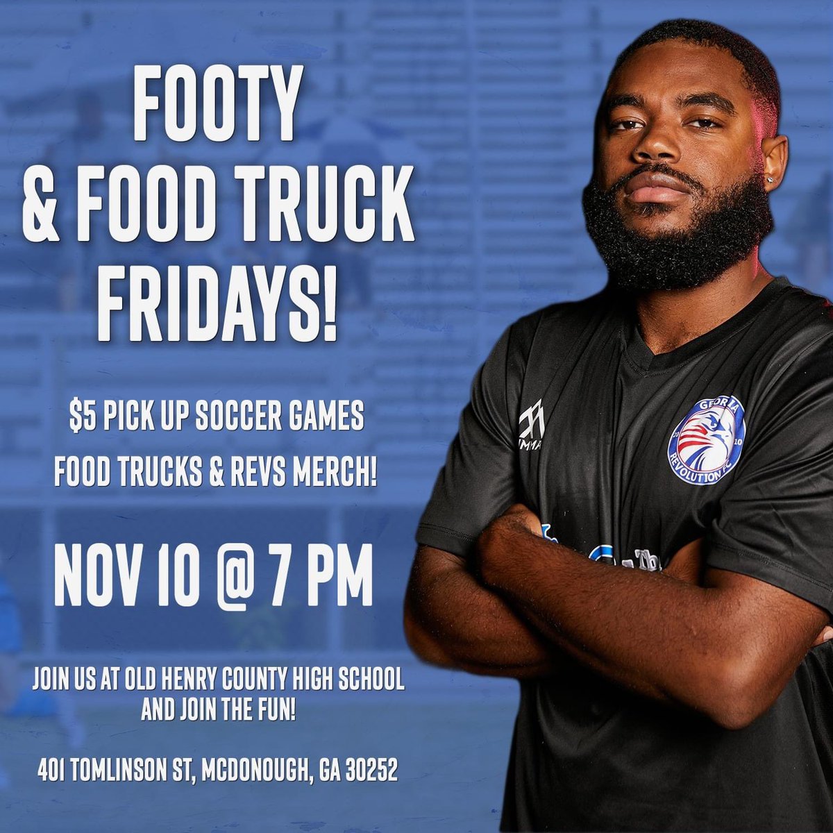 Ga_Revolution's tweet photo. Next Friday, we'll be hosting our first-ever Footy and Food Truck Fridays! We'll have open for all pickup soccer games, food trucks, some local vendors, and Revs merch available for purchase! $5 per person to join the pickup games #UpTheRevs #CommunityClub #henrycountyga https://t.co/z5JZNeTENH
