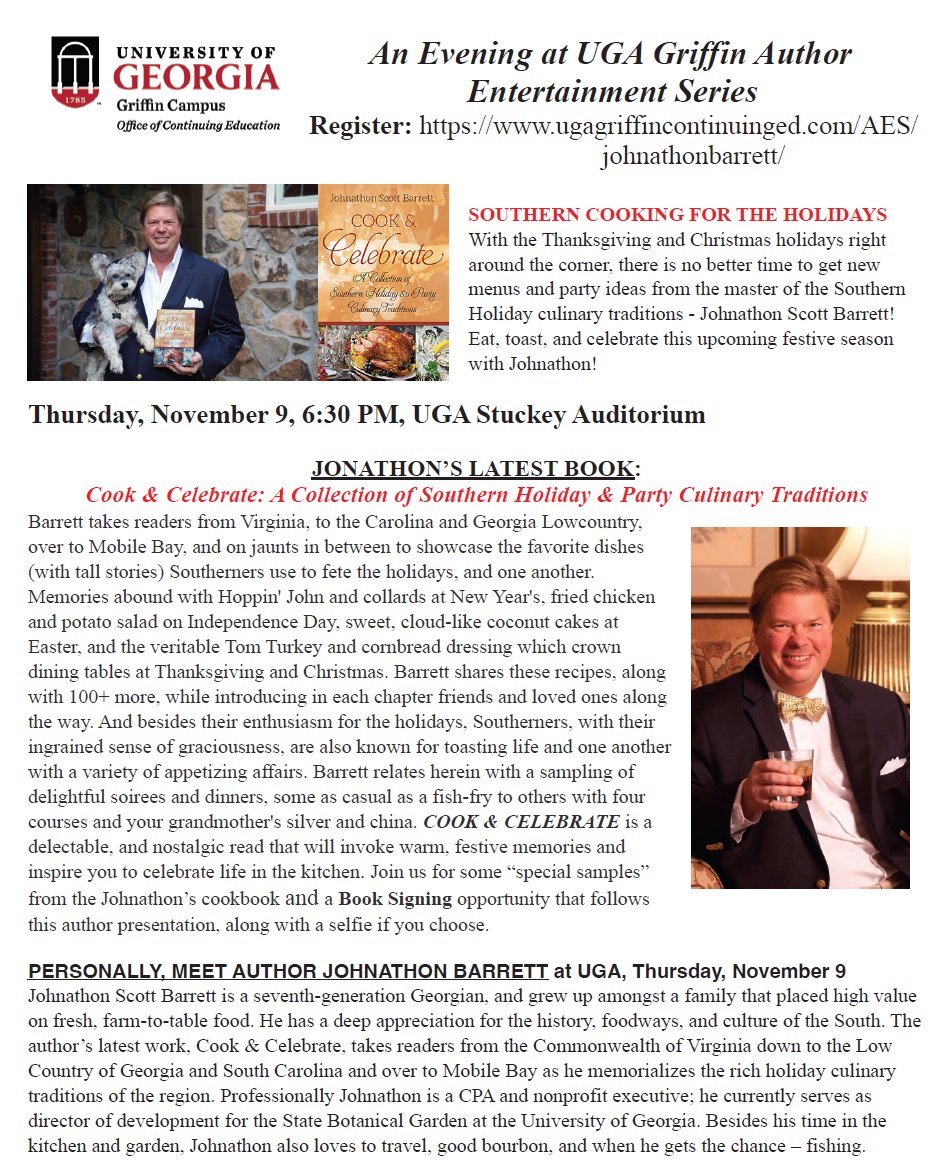 Jeffrey Dean (@jeffdean_uga) on Twitter photo November 9 at 6:30 PM in Stuckey Auditorium on the UGA Griffin campus, "An Evening with Jonathon Barrett: Southern Cooking for the Holidays." <a href="/UGAGriffin/">UGA Griffin Campus</a> <a href="/GriffinDNews/">Griffin Daily News</a> November 9 at 6:30 PM in Stuckey Auditorium on the UGA Griffin campus, "An Evening with Jonathon Barrett: Southern Cooking for the Holidays." <a href="/UGAGriffin/">UGA Griffin Campus</a> <a href="/GriffinDNews/">Griffin Daily News</a>