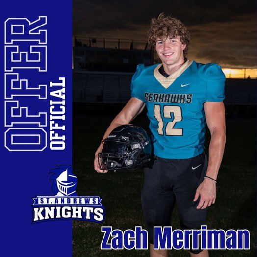 ZachMerriman5's tweet photo. I am extremely blessed and thankful to have received my first official offer from St. Andrews University. @rcurtin29 @SLHSFBNextLevel https://t.co/GIqnc2XUvl