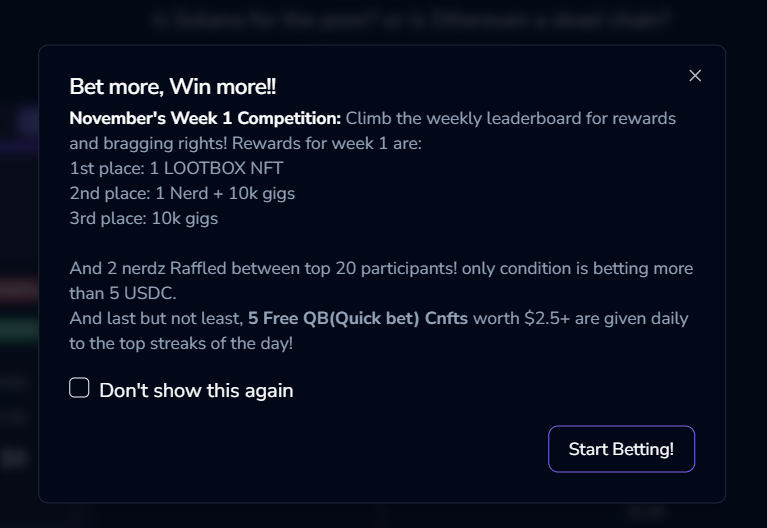 Mulberry welcomes november 🚀

Mulberry is Starting the month with an open-for-all and free to play compitetion, Very easy, Bet on there, and the more you bet the more you gonna win.

Be rank by Midnight next monday, and earn yourself a free lootbox(8 sols).