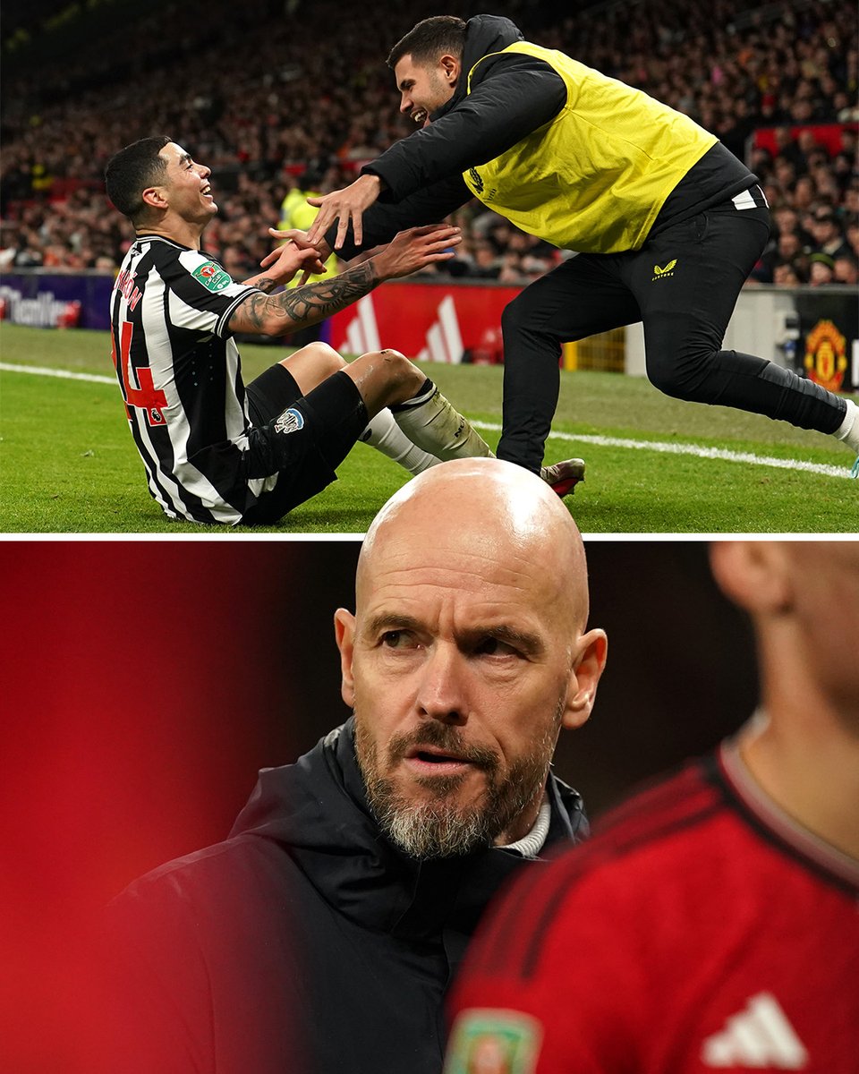 sportbible's tweet photo. 🗣️ Chants of “You’re getting sacked in the morning” coming from Newcastle fans to Erik ten Hag after Joe Willock extended their lead to 3-0

Another tough day for Man United and their boss at Old Trafford 😳 https://t.co/e24QmsxFH7