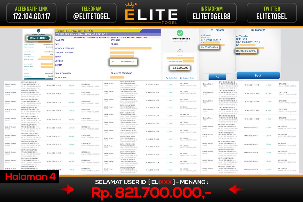 EliteTogel's tweet photo. MEGA JACKPOT ELITE !!  ( PART 2 )

Kami Ucapkan Congrats Teruntuk Member Setia User Id : ELIxxx
Telah Memenangkan Hadiah JACKPOT Sebesar 821 JUTA Pada Permainan SLOT Pada Tanggal 01 November 2023

Segera Ikuti kami untuk mendapatkan informasi menarik lebih lanjut! https://t.co/kaIWwNN7hY