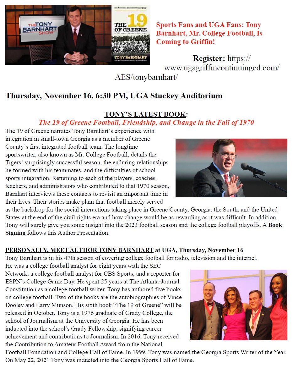 Jeffrey Dean (@jeffdean_uga) on Twitter photo November 16 at 6:30 PM in Stuckey Auditorium on the UGA Griffin campus, "An Evening with Tony Barnhart, Mr. College Football." <a href="/UGAGriffin/">UGA Griffin Campus</a> <a href="/GriffinDNews/">Griffin Daily News</a> November 16 at 6:30 PM in Stuckey Auditorium on the UGA Griffin campus, "An Evening with Tony Barnhart, Mr. College Football." <a href="/UGAGriffin/">UGA Griffin Campus</a> <a href="/GriffinDNews/">Griffin Daily News</a>