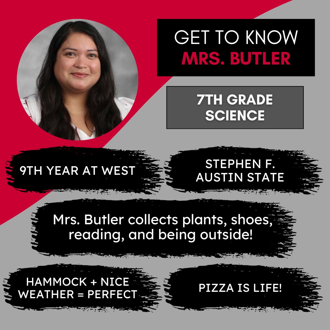 Coppell Middle School West (@cmswestwrangler) on Twitter photo It's Mrs. Butler! 🧪
Get to know this amazing educator and leader with today's #WestSpotlight! #Westfam <a href="/elsa_butler/">Elsa Butler</a> It's Mrs. Butler! 🧪
Get to know this amazing educator and leader with today's #WestSpotlight! #Westfam <a href="/elsa_butler/">Elsa Butler</a>