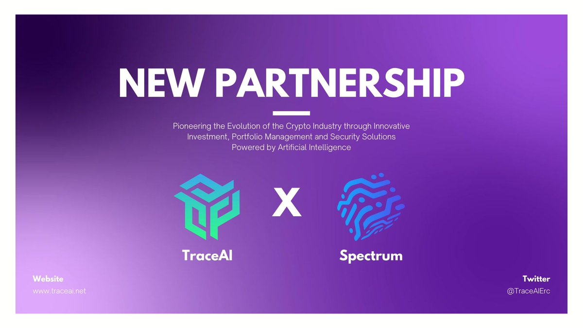 TraceAiErc's tweet photo. #TraceAIErc ๐ค Spectrum
We are happy to announce yet another partnership with Spectrum which is a truly decentralized, private and secure marketplace where everyone has the opportunity to contribute.
Another step towards a better and more accessible future for Crypto Industry. https://t.co/V9VTxBb1kS