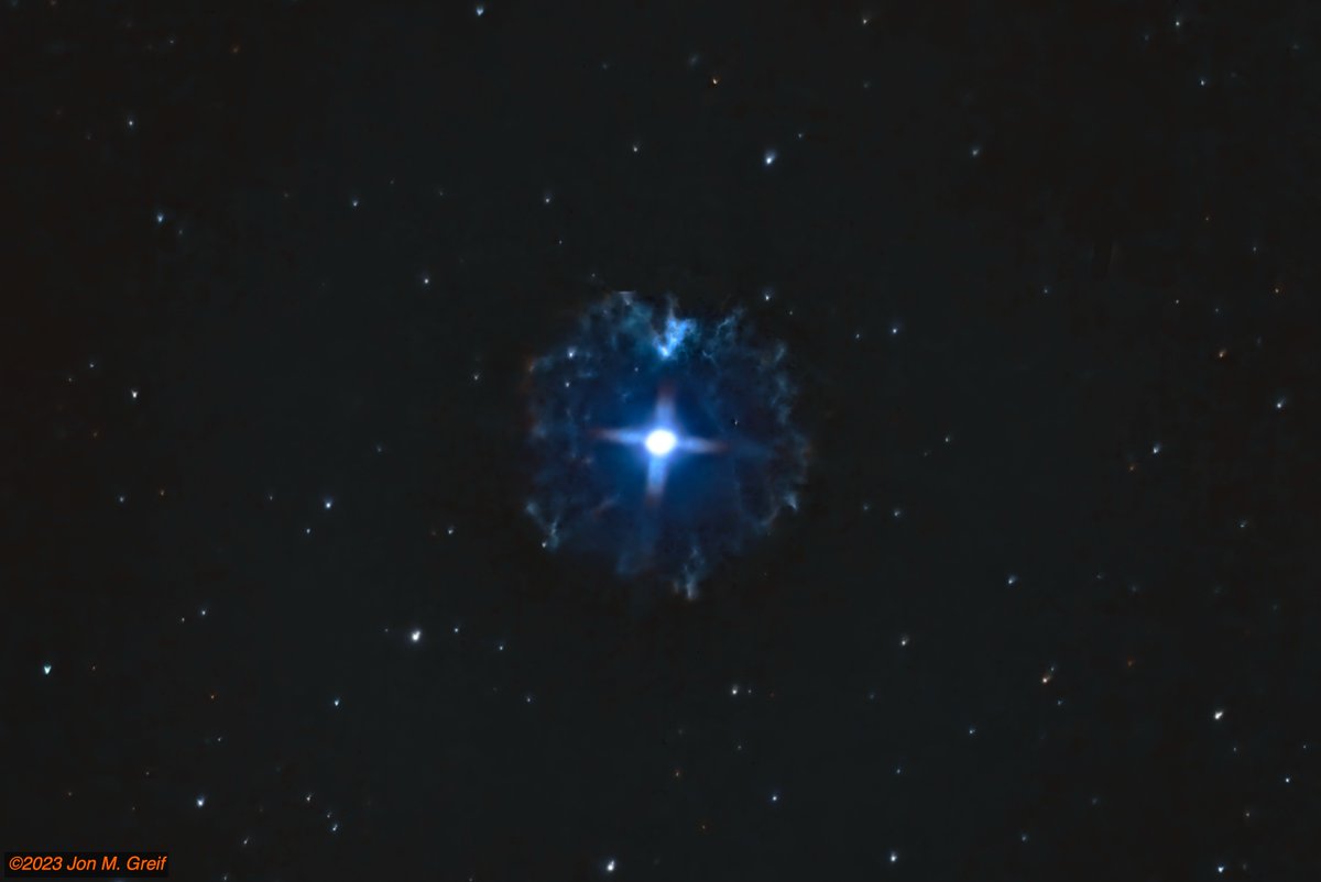 This is the planetary nebula known as the Cat's Eye (NGC 6543), and was once described by NASA as looking "like the penetrating eye of the disembodied sorcerer Sauron from the film version of The Lord of the Rings." Shot in NB and processed HOO. #Astrophotography