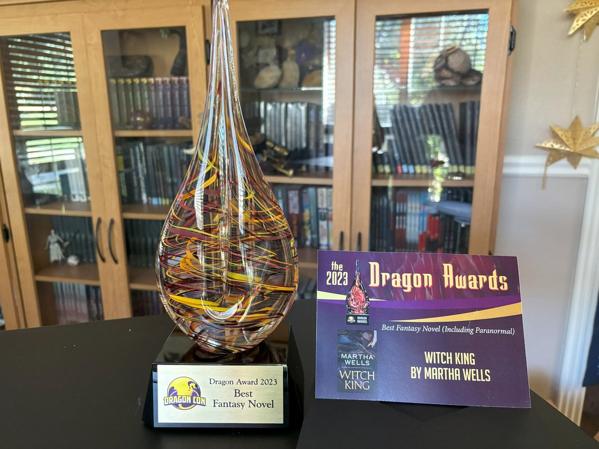 The Dragon Award arrived today for #marthawells.  She received it for Best Fantasy Novel at Dragoncon this year.