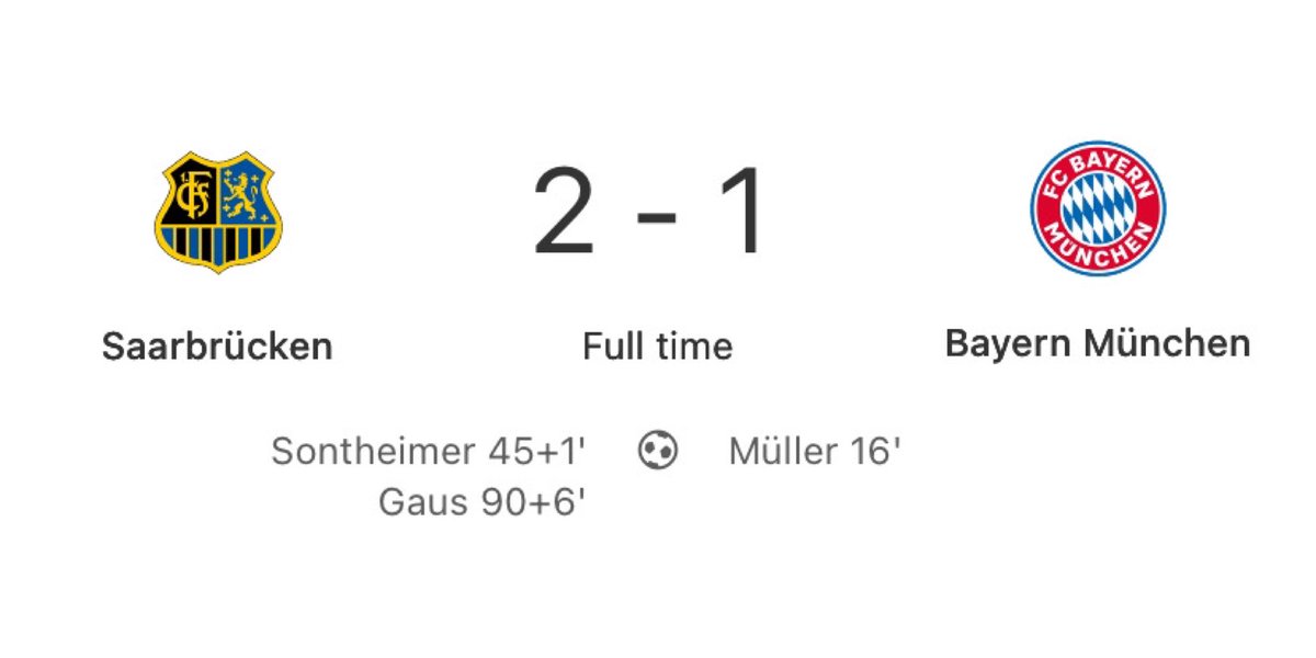 FotMob's tweet photo. 😱 Gigantic #Cupset in the DFB Pokal where a goal on 90+6 has seen Bayern Munich knocked out by third tier Saarbrücken! https://t.co/gGvEdymeHw