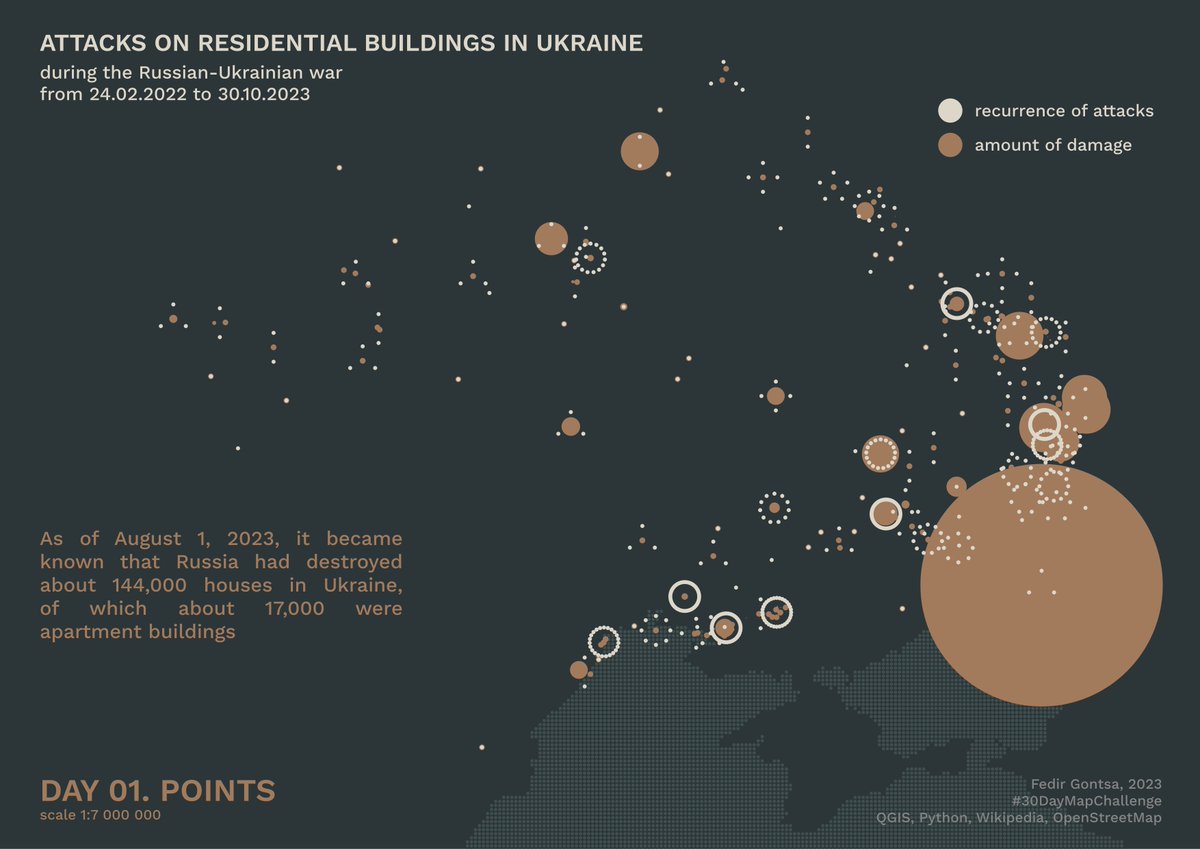 Day 01: Points. A map with points
#30DayMapChallenge
Attacks on residential buildings in Ukraine #QGIS #python data from <a href="/wikipedia_uk/">Українська Вікіпедія</a> and #OpenStreetMap 
Here are only the data recorded by volunteers related to residential architecture. No military objects. Only human housing.