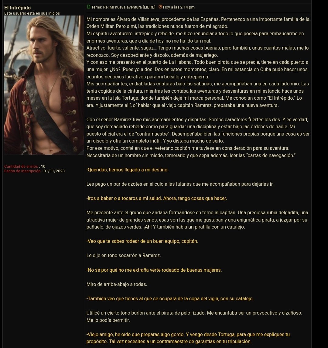 ErasForo's tweet image. "El Intrépido" enrrolándose a la aventura pirata. ¿Te unes? ;)

erasdelmundo.foroactivo.com/t4475-mi-nueva…

#rol #forosderol #erasdelmundo #foro #erasdelmundoforo