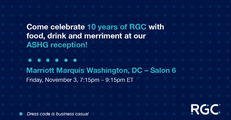 RegeneronDNA's tweet photo. Come get to know team RGC and celebrate a decade of collaboration and exciting genetic discoveries. Sip, snack, and socialize at our #ASHG23 networking event this Friday night at the Marriott Marquis.